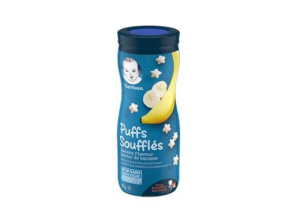 GERBER Puffs Banana flavour are light, easy to dissolve snacks made from puffed cereal grains and real apple that make a great 1st snack to help your baby develop fine motor skills.