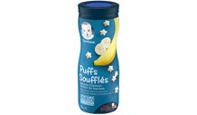 GERBER Puffs Banana flavour are light, easy to dissolve snacks made from puffed cereal grains and real apple that make a great 1st snack to help your baby develop fine motor skills. GERBER Puffs Banana flavour are light, easy to dissolve snacks made from puffed cereal grains and real apple that make a great 1st snack to help your baby develop fine motor skills.