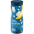 GERBER Puffs Banana flavour are light, easy to dissolve snacks made from puffed cereal grains and real apple that make a great 1st snack to help your baby develop fine motor skills.